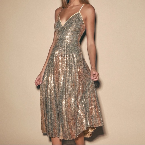 Lulus "Vision of Elegance" gold sequin pleated midi dress - Picture 1 of 10